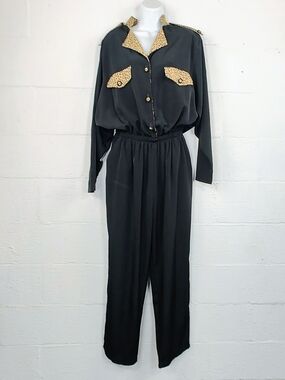 Rio Inc Vintage 90's Black Jumpsuit With Animal Print Trim